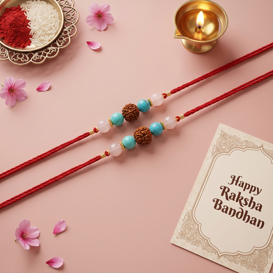Crystals Rakhi (Rose Quartz + Turquoise + Rudraksha) Rakhi for Brother