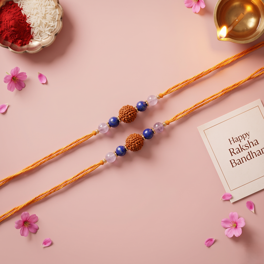 Crystals Rakhi ( Rudraksha+ Lapis+ Amethyst ) Rakhi for Brother D No. R-08