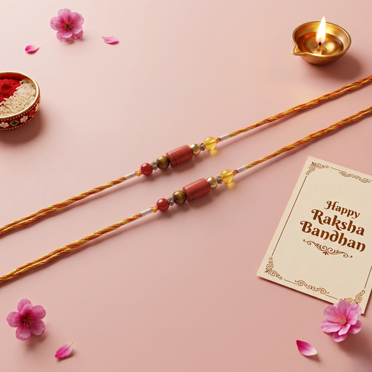 Crystals Rakhi ( Carnelian+ Tiger+ Jasper+ Pyrite+ Citrine ) Rakhi for Brother D No. R-15