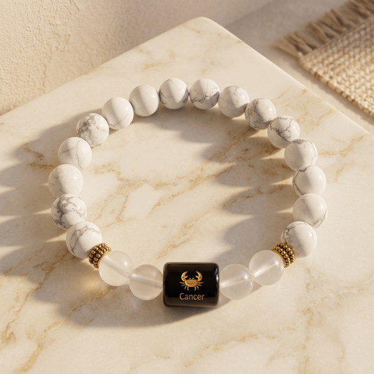 Cancer Zodiac Howlite & Clear Quartz Bracelet